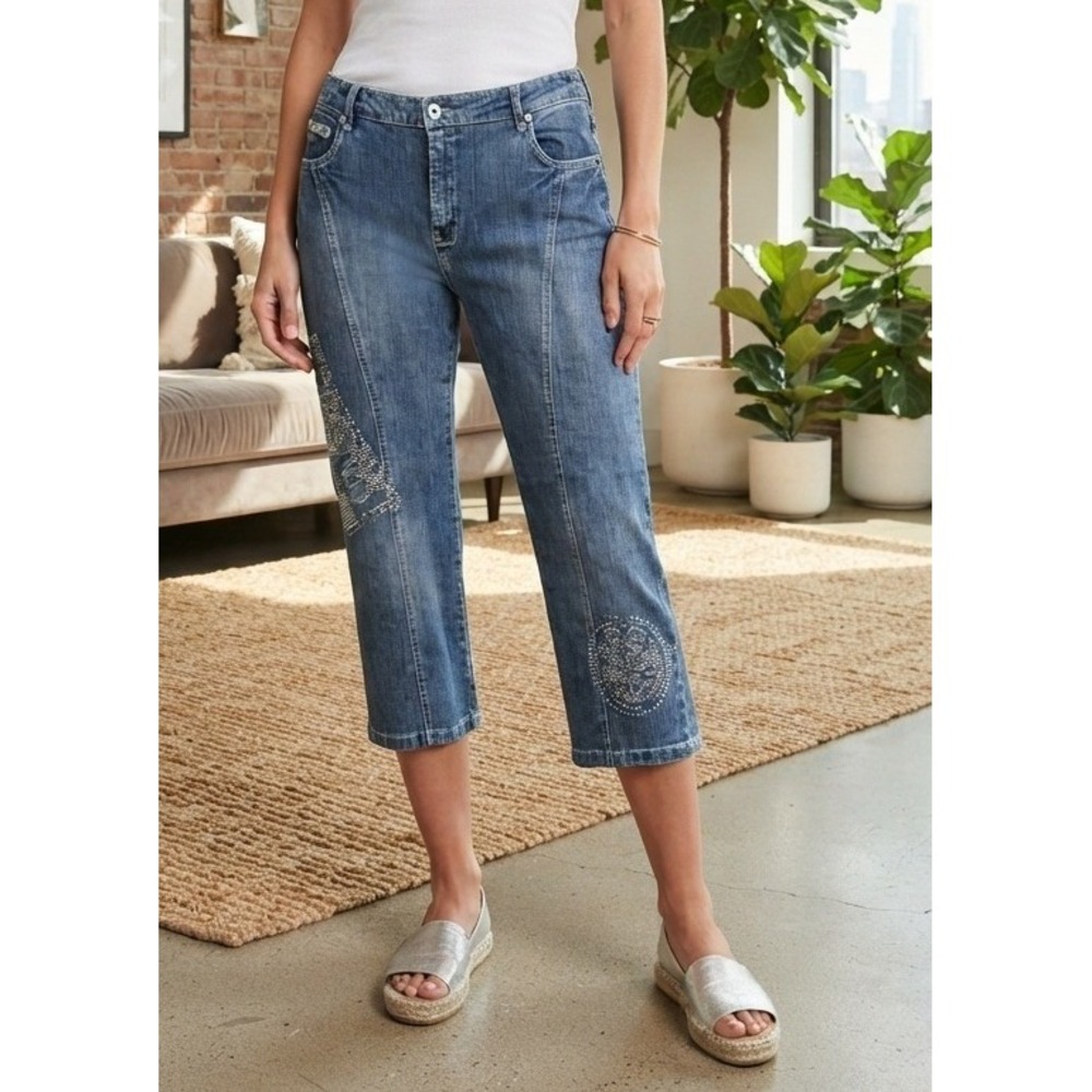 Platinum Plush Rhinestone Embellished Jeans Women's 15 Blue Cotton Stretch Y2K